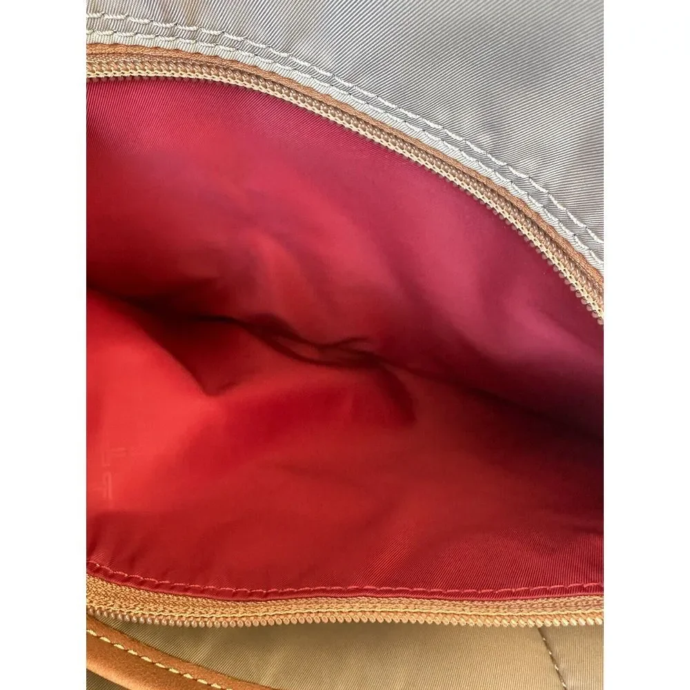Tumi Tote Bag Tan Embossed Leather Purple Nylon Monogram Travel‎ Work Bag